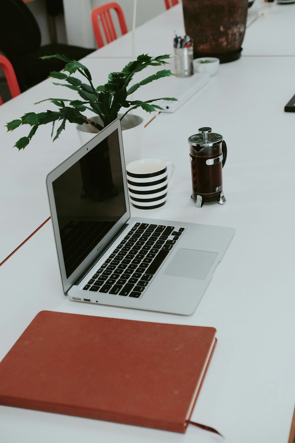 Ein Laptop, Kaffee und eine Pflanze auf einem weißen Schreibtisch.