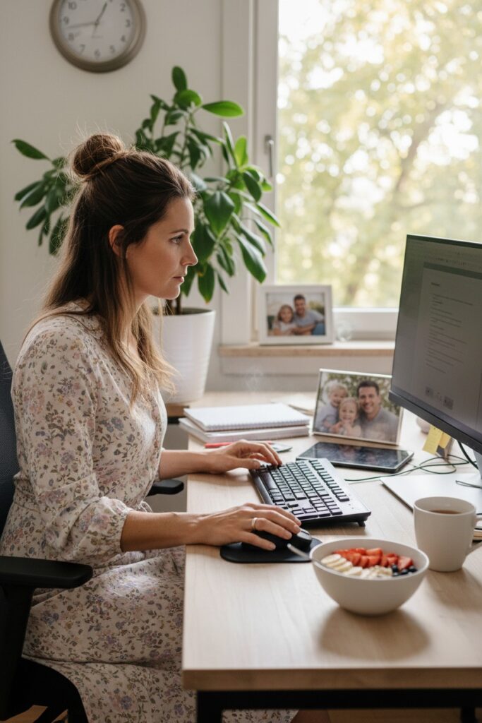 Eine Frau sitzt im Homeoffice an ihrem Holztisch vor einem Computer und arbeitet konzentriert.