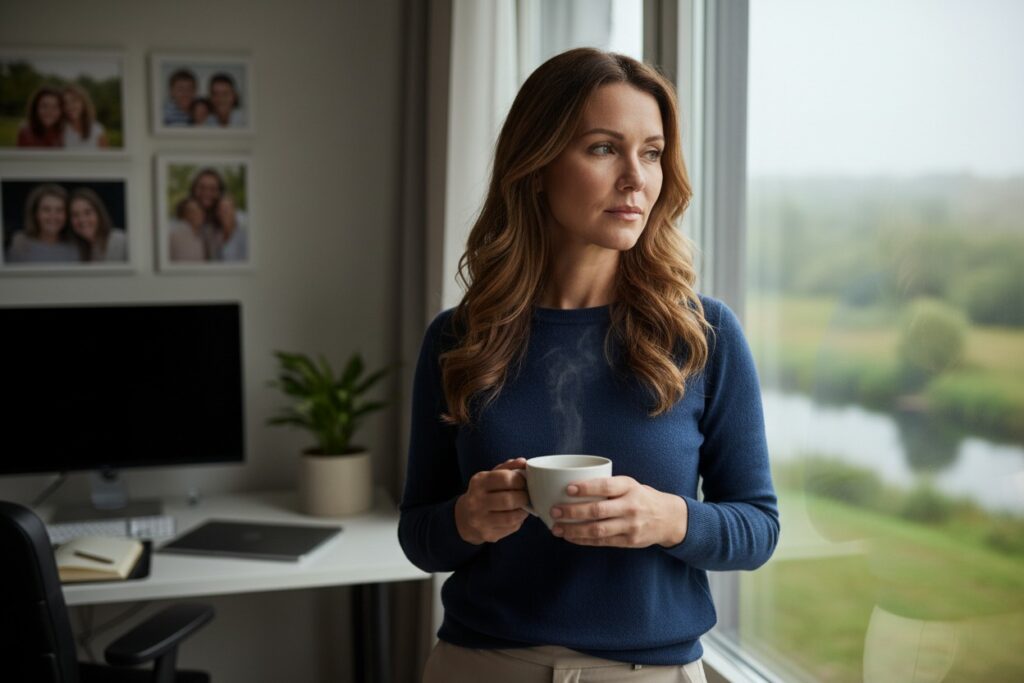 Eine Frau steht mit einer dampfender Kaffeetasse in der Hand am Fenster und blickt nach draußen in ein grünes Tal.