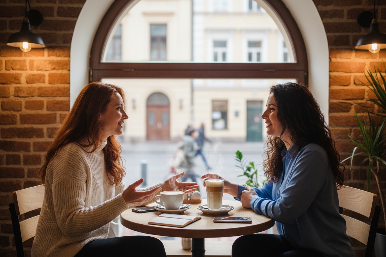 Zwei Frauen sitzen an einem kleinen Holztisch in einem Café mit Ziegelsteinwand und unterhalten sich lebhaft bei Heißgetränken.